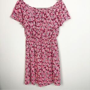 EXPRESS | Off the Shoulder Floral Burgundy White Neon Pink Dress Women’s Size S